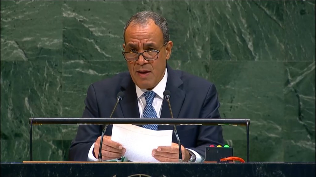 وزير الخارجية المصري، بدر عبد العاطي مقدما كلمة بلاده في المناقشة العامة للجمعية العامة للأمم المتحدة في دورتها الثمانين.